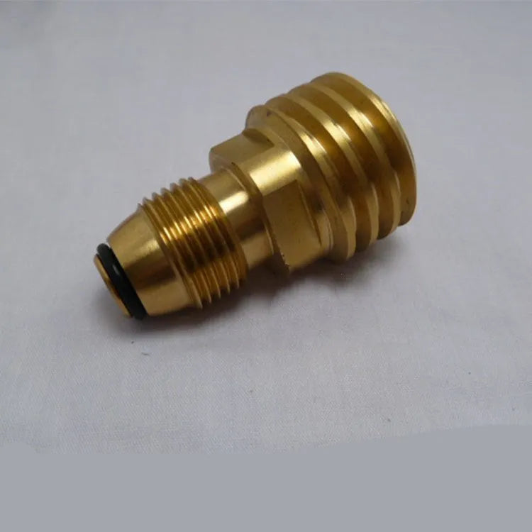 Gold-coloured brass gas adapter with internal thread for 7mm LPG charging connections.