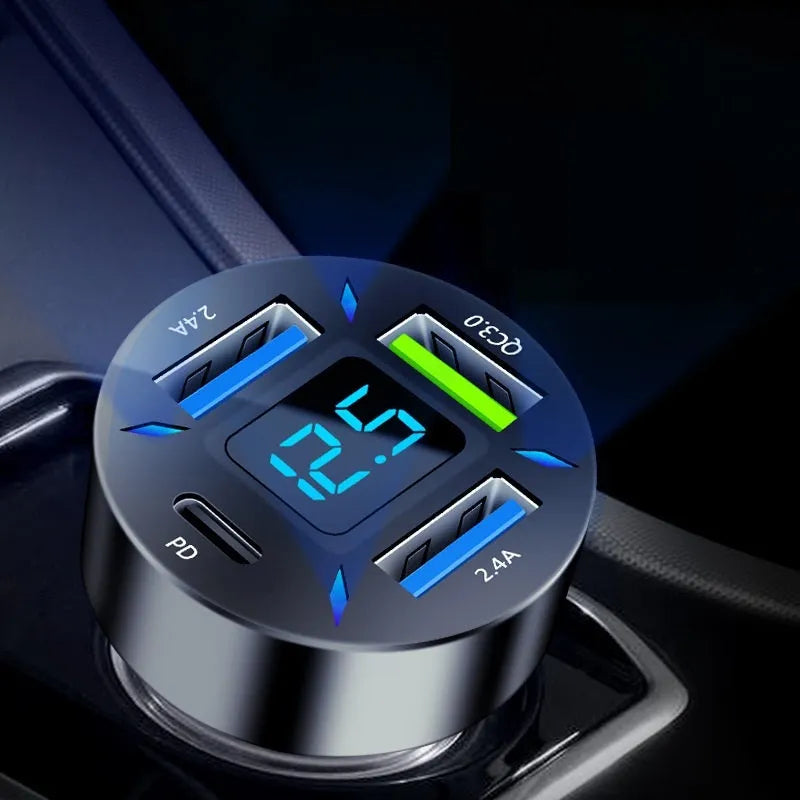C177 model four-port USB car charger with QC3.0 fast charging and LED light display