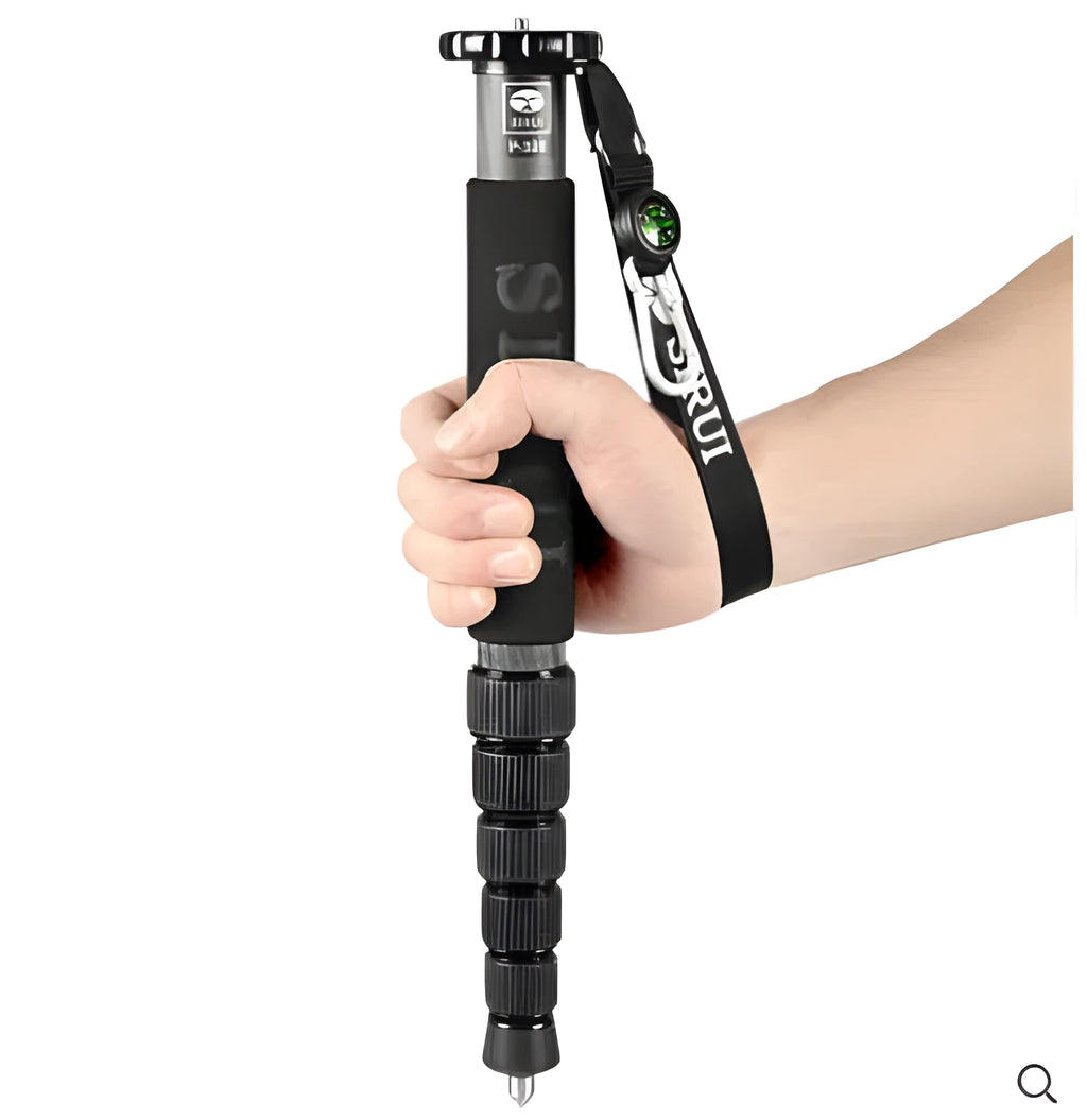 Black carbon fibre SLR camera monopod with six telescopic sections extended