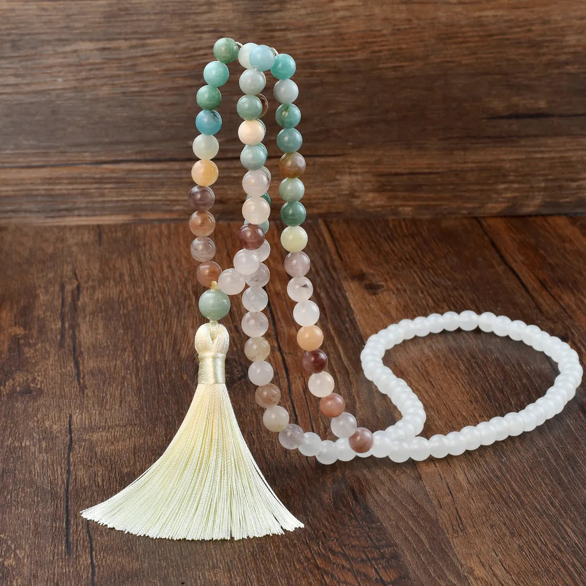 108 natural stone tassel necklace with gemstone pendant on long bead chain