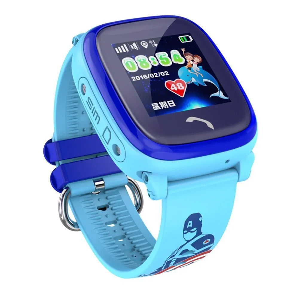 Blue children's waterproof smart watch with touch screen and silicone wristband