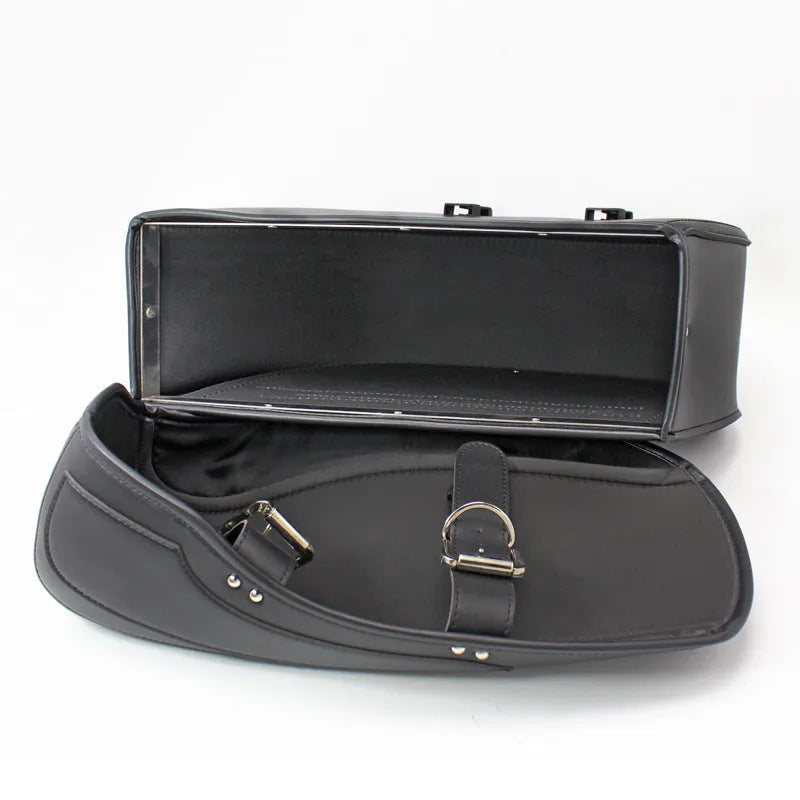 Retro style black PU leather motorcycle side box mounted on a bike, showing its saddle bag shape and size.