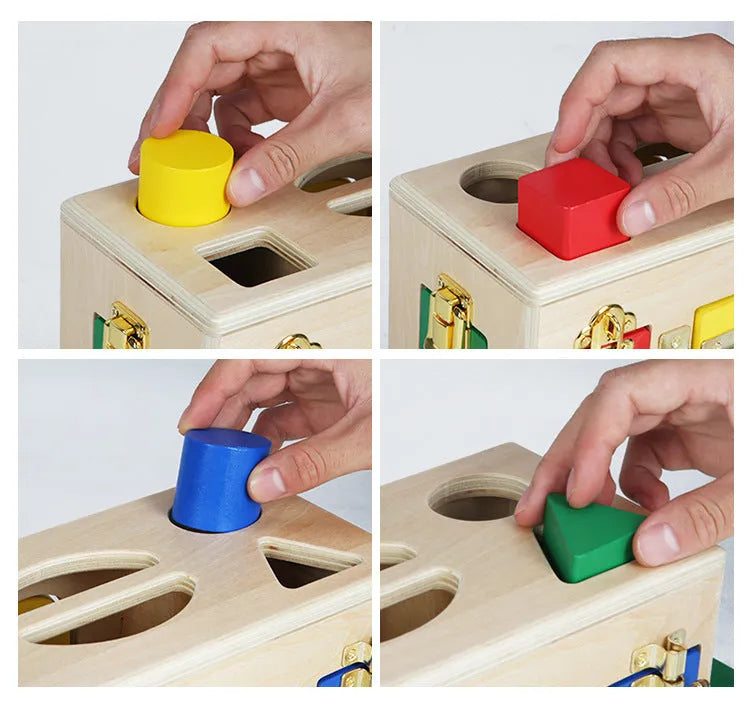 Wooden educational shape lock box with 12 geometric pieces for preschool learning