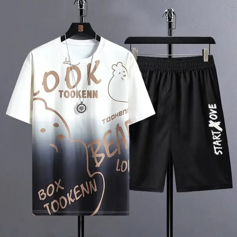 Men's summer suit set with short sleeve top and matching shorts in polyester fabric