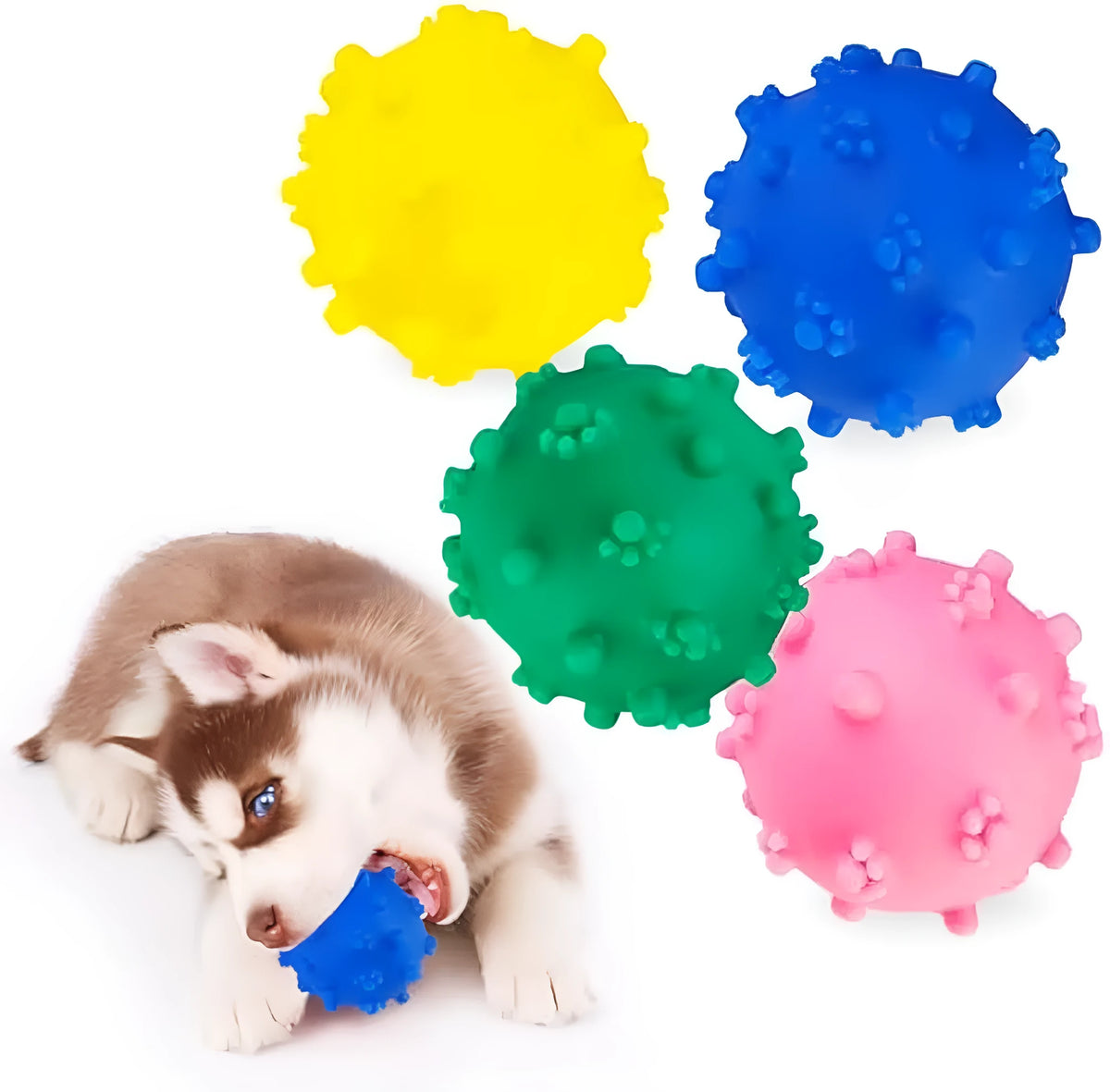 Bright coloured spiked dog ball with paw print dimples measuring 2 inches diameter for small dogs