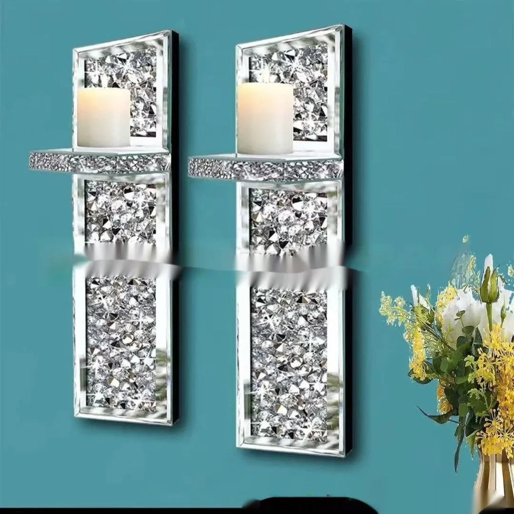 Pair of silver mirror glass candle holders with 10x11x38cm dimensions for wall mounting