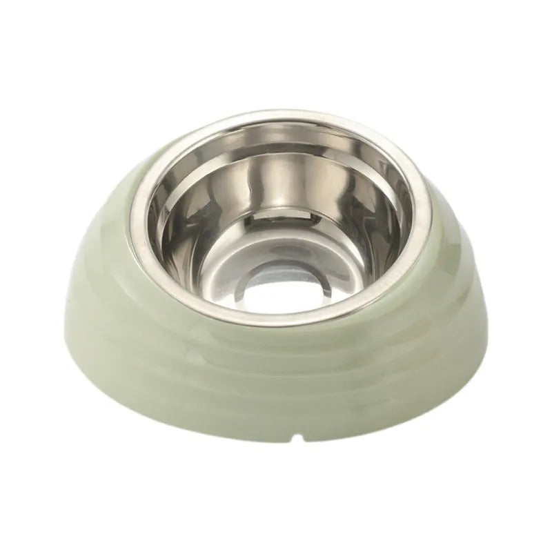 Stainless steel cat bowl in a plastic base, shown in beige colour option