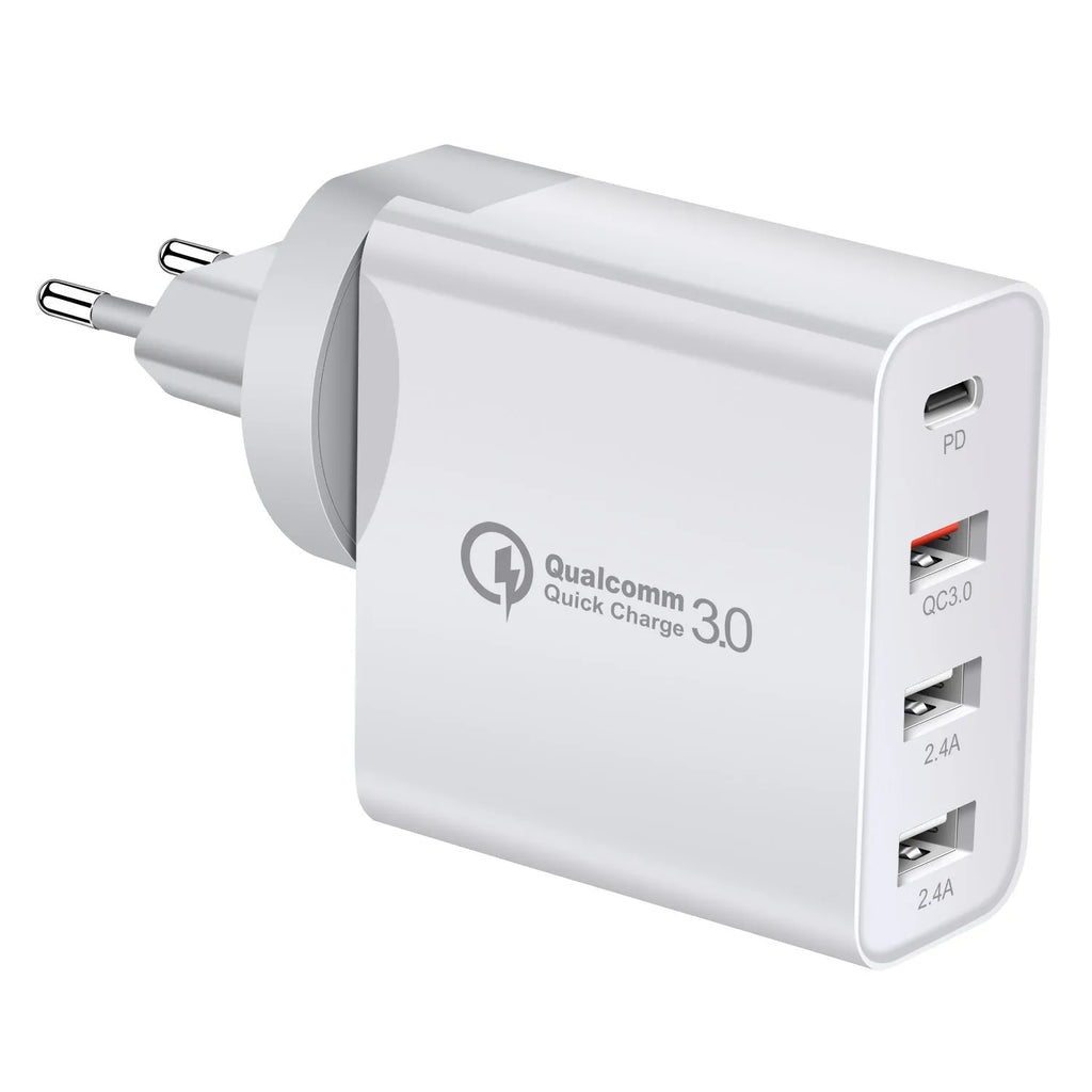 Four-port USB-C wall charger with LED light in black or white colours showing UK, EU, US and AU plug variants