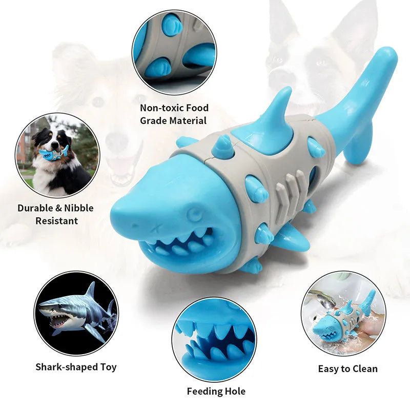 Blue shark-tooth textured dog teething toy with vent holes on rubber surface