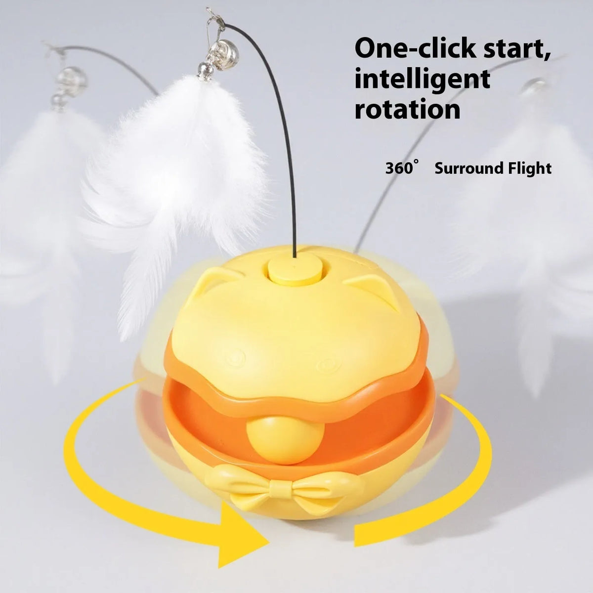Electric self-righting cat toy tumbler in lemon yellow, sky blue, and soft fog grey colour options