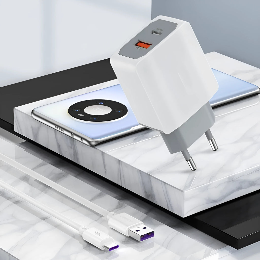 White phone fast charger set with USB charging head and European standard cable on plain background