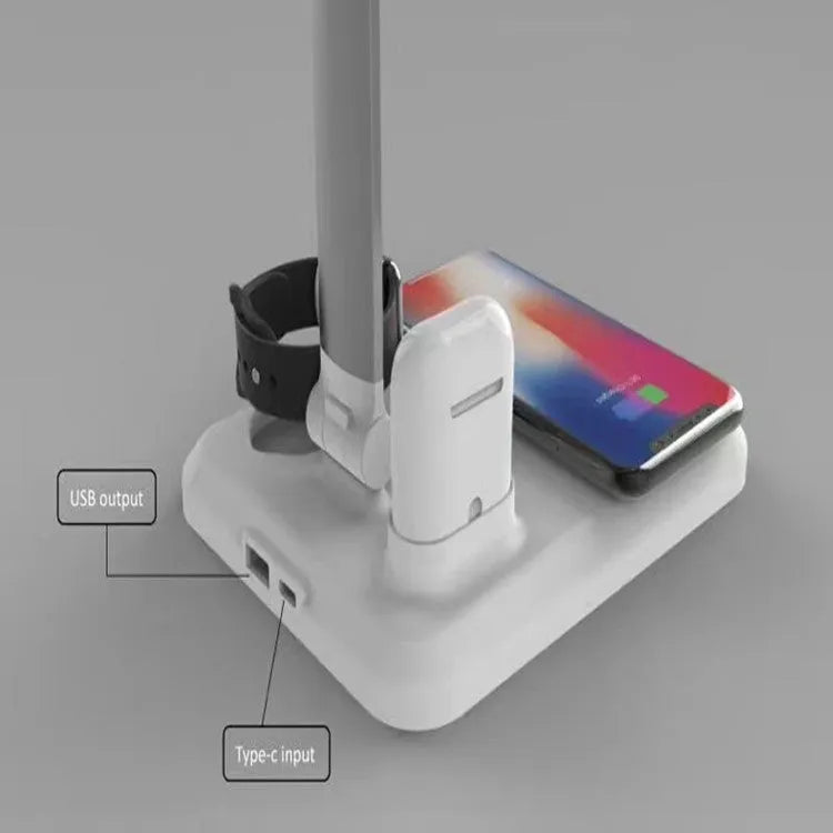 Black and white 4-in-1 LED desk lamp with integrated wireless charging pad and Type-C interface