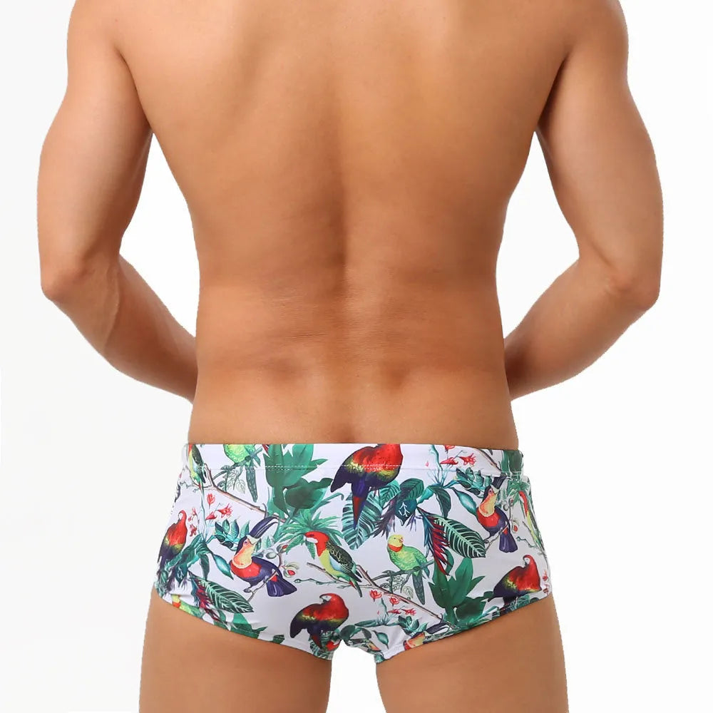 Men's flower-bird print swimming trunks in small boxer style with nylon fabric
