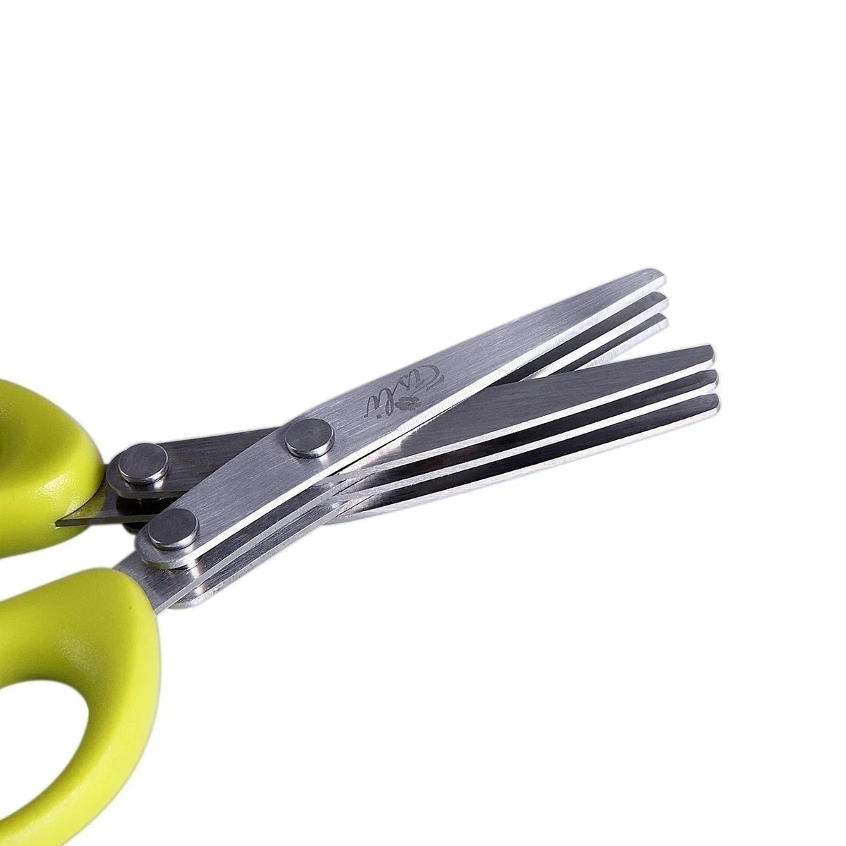 Multi-layer green onion scissors in stainless steel, 13.5 cm long, V-shaped blades in green, 3 or 5 layers