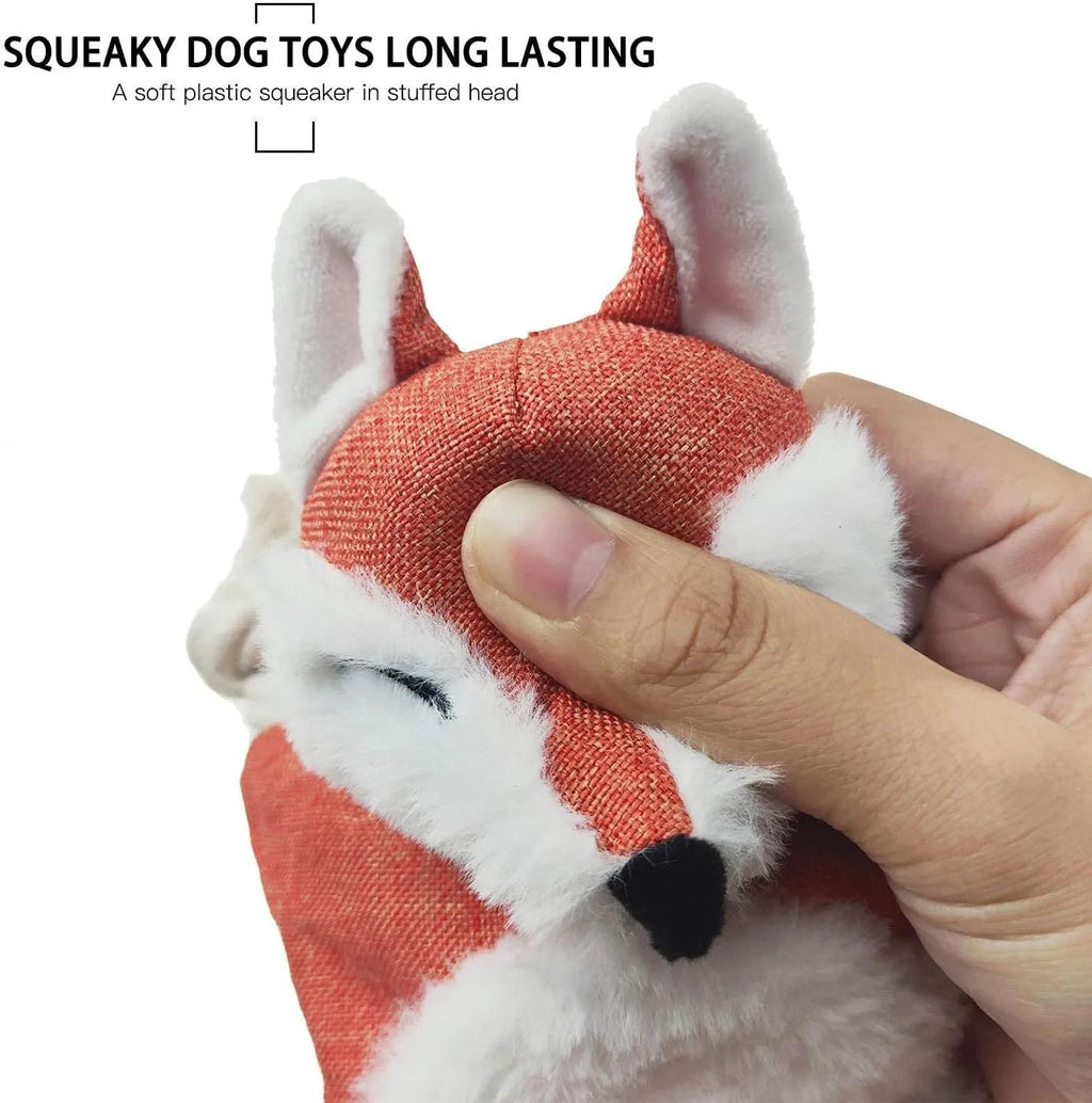 Brown plush fox dog toy with embroidery eyes, cotton rope limbs, and crinkle paper body