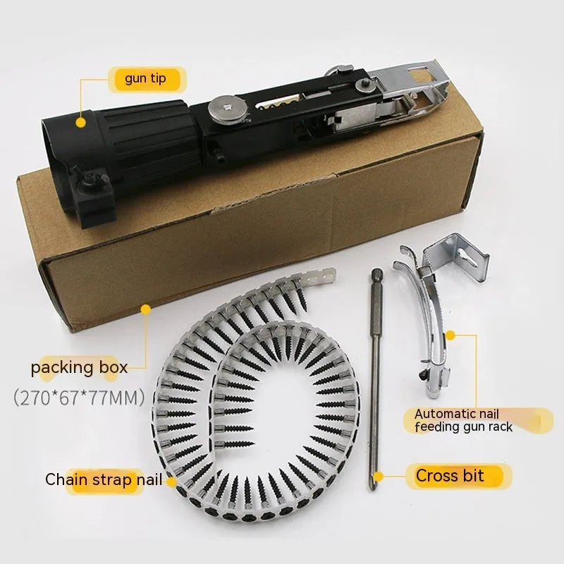 Chain screw gun head conversion kit with metal components for electric screwdriver attachment