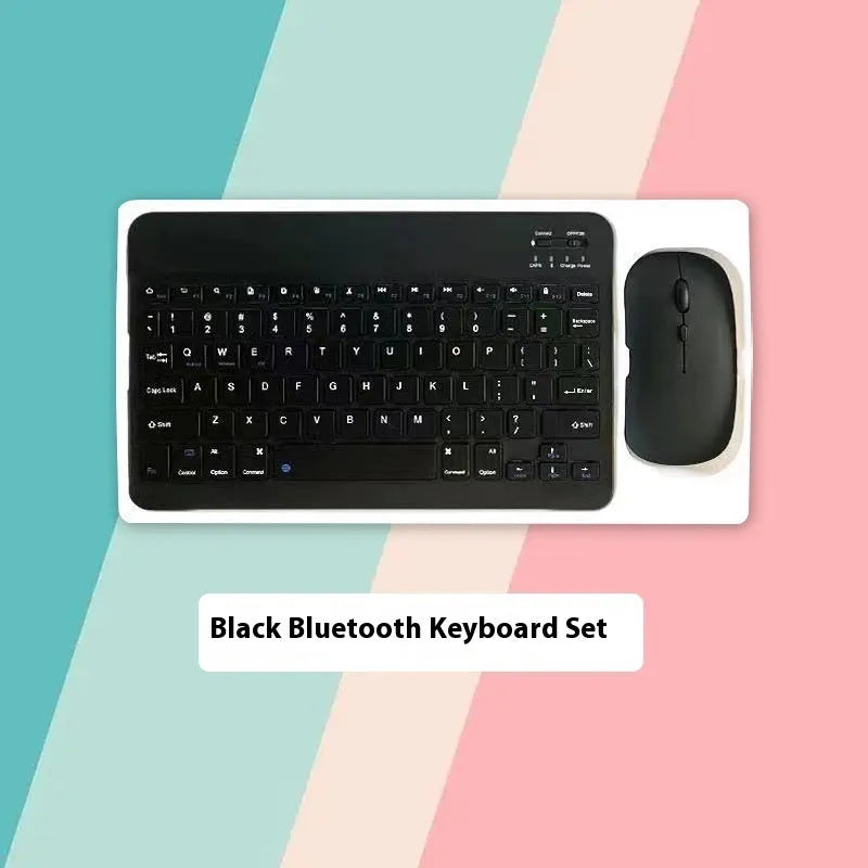 Solid colour Bluetooth keyboard and mouse set showing 10-inch keyboard and 7-inch mouse in available colours.