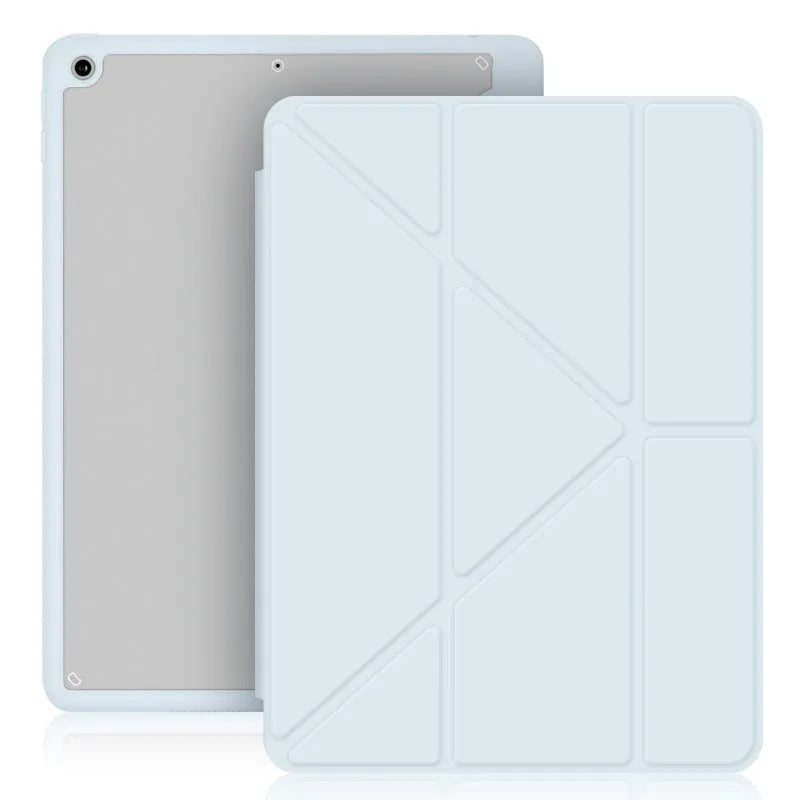 Acrylic Y-folding soft imitation leather iPad case in multiple colours, showing stand function and pen slot.