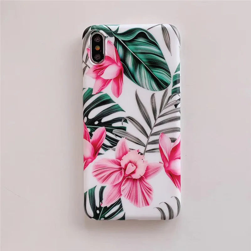 Pink floral pattern TPU back cover case for iPhone on a white background.