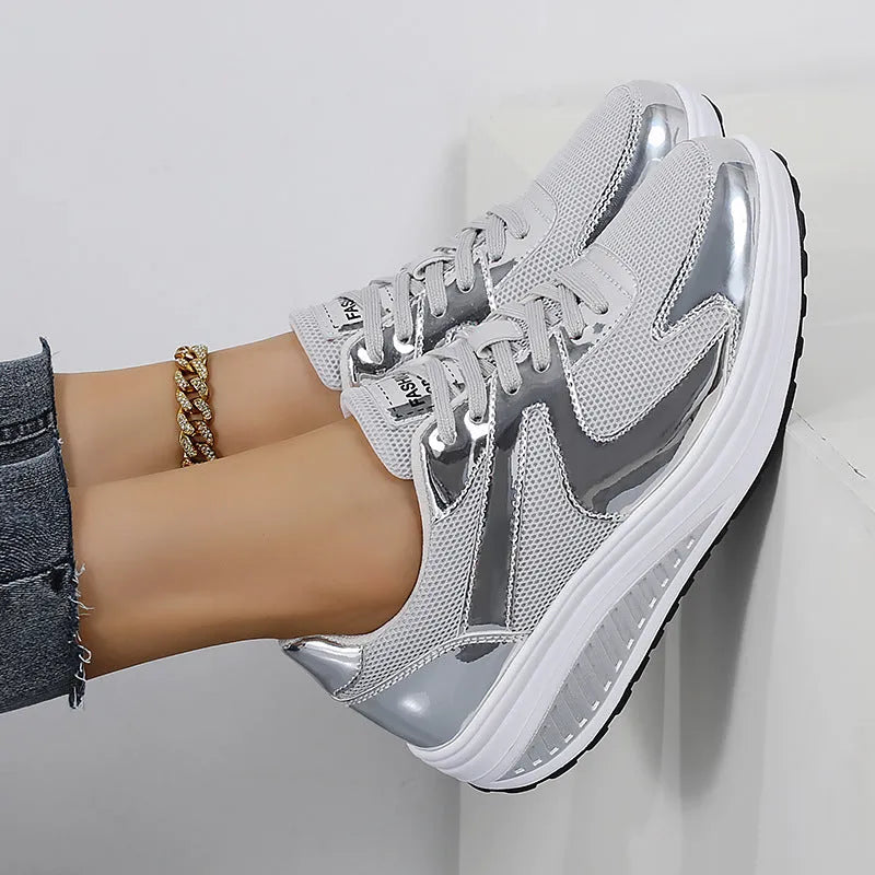 Women's gold mesh sports shoes with platform heel and cross-strap design