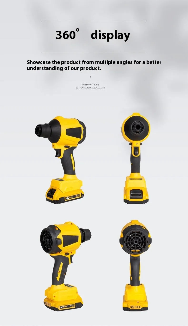 Yellow cordless handheld dust blower with lithium battery for office cleaning and desktop maintenance