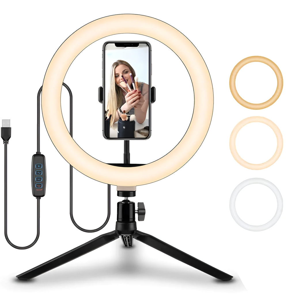 Smartphone ring selfie light with 10-inch fill light on adjustable 19cm metal bracket