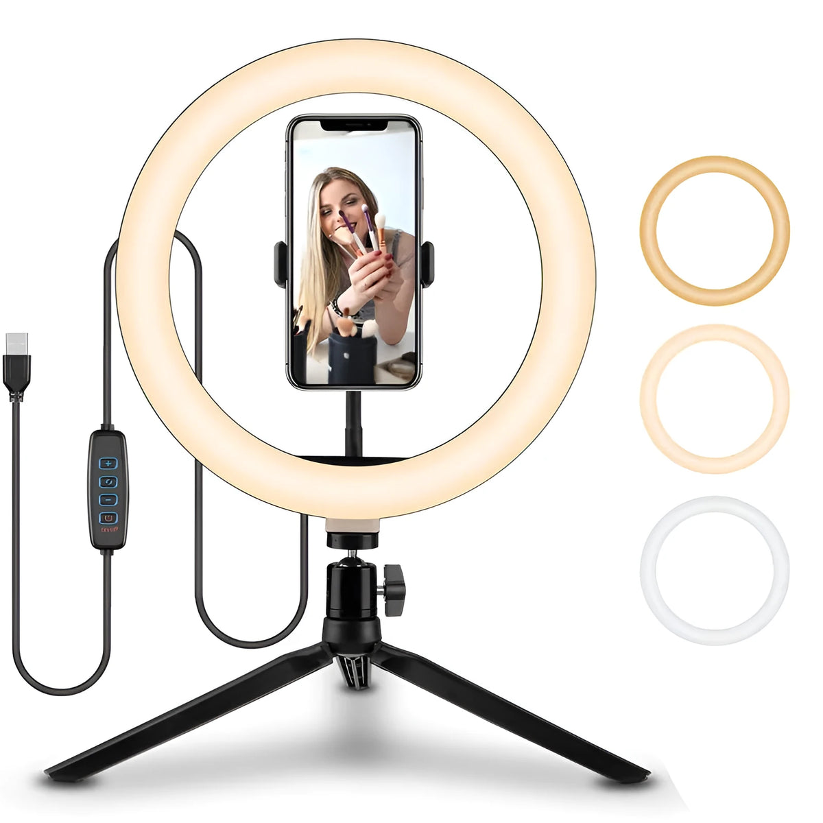 Smartphone ring selfie light with 10-inch fill light on adjustable 19cm metal bracket