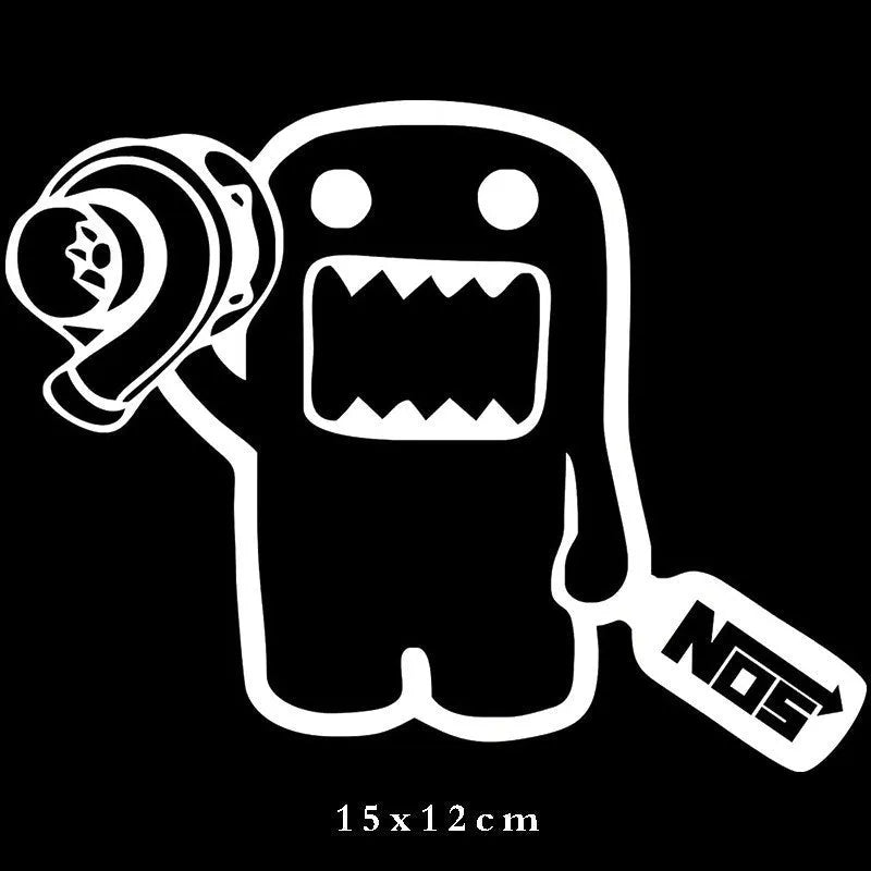 Creative cartoon funny car sticker on white background, showing 15x12cm size.