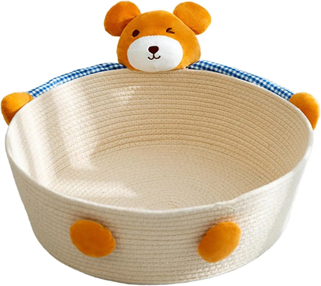 Woven cotton rope cat bed with integrated scratching board in three sizes for indoor cats