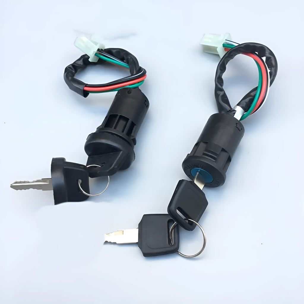 Waterproof electric car door lock with ignition key in plastic housing showing wiring terminals