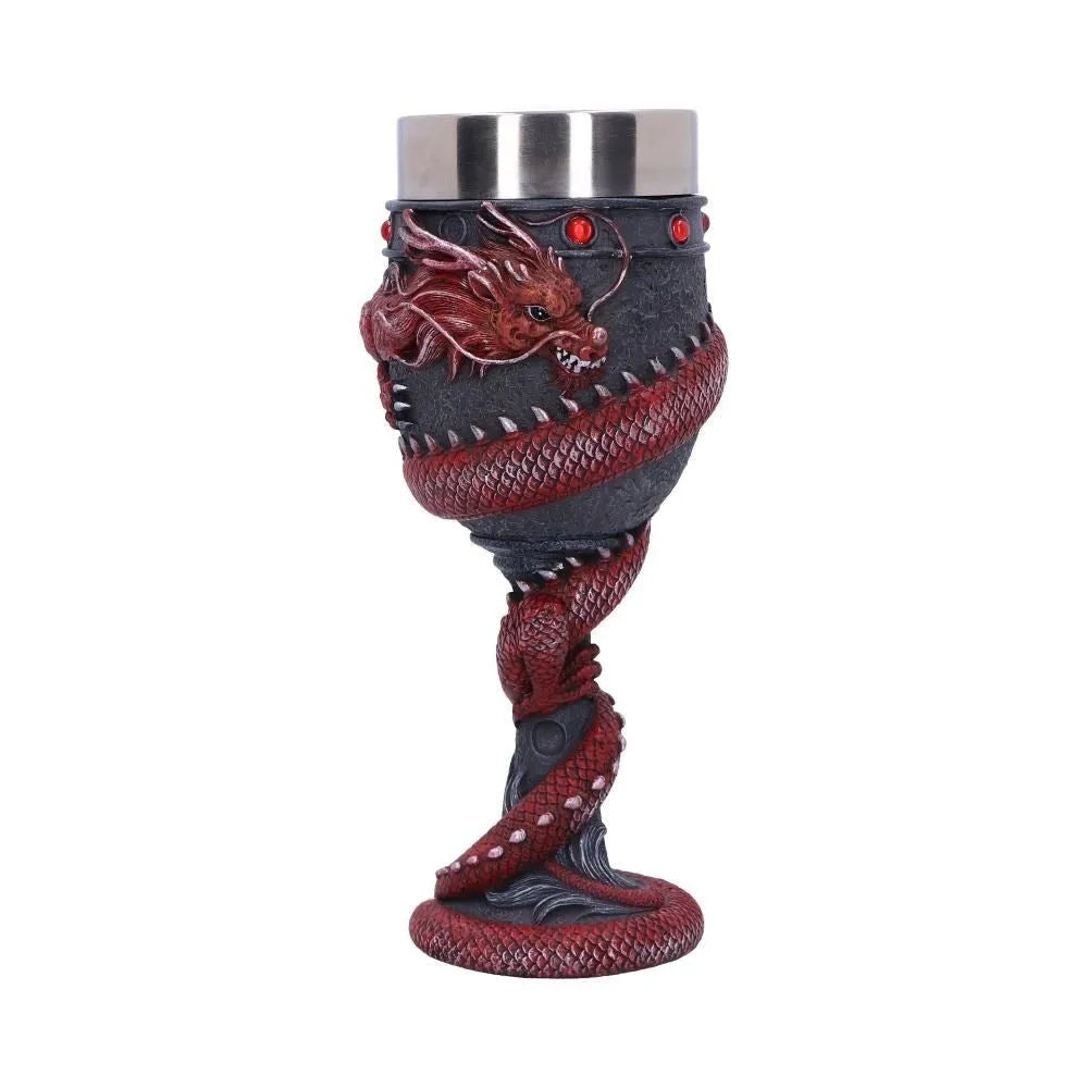 Gold stainless steel red wine glass with 3D Chinese dragon decoration showing 200ml capacity