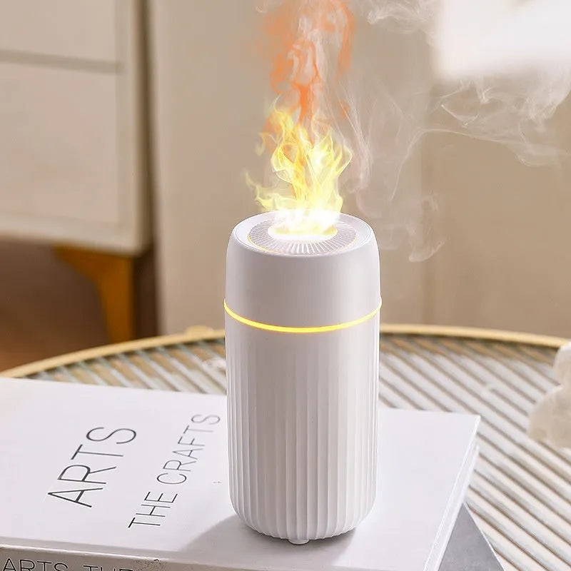 Car simulation flame aroma diffuser with USB cable, measuring 70x70x143mm in black or white plastic