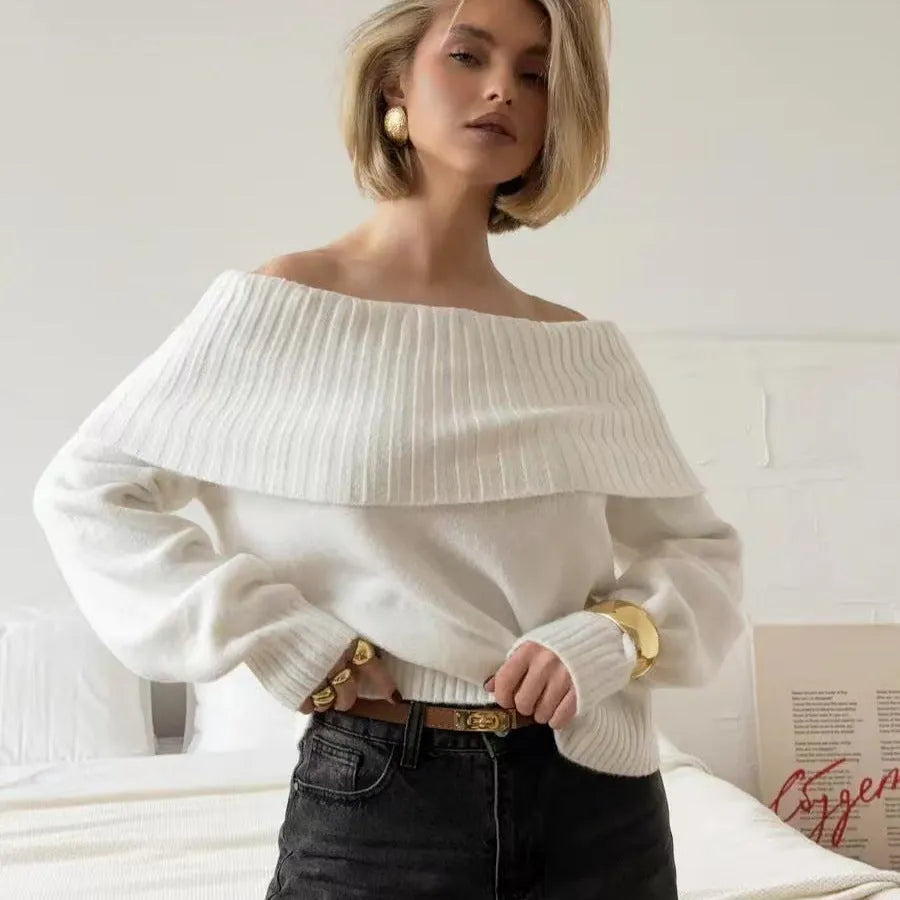 Grey off-the-shoulder jumper with 3D pattern texture, strapless design, regular sleeves