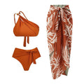 Brown women's high-waisted swimsuit with push-up top and a sheer black chiffon dress overlay.