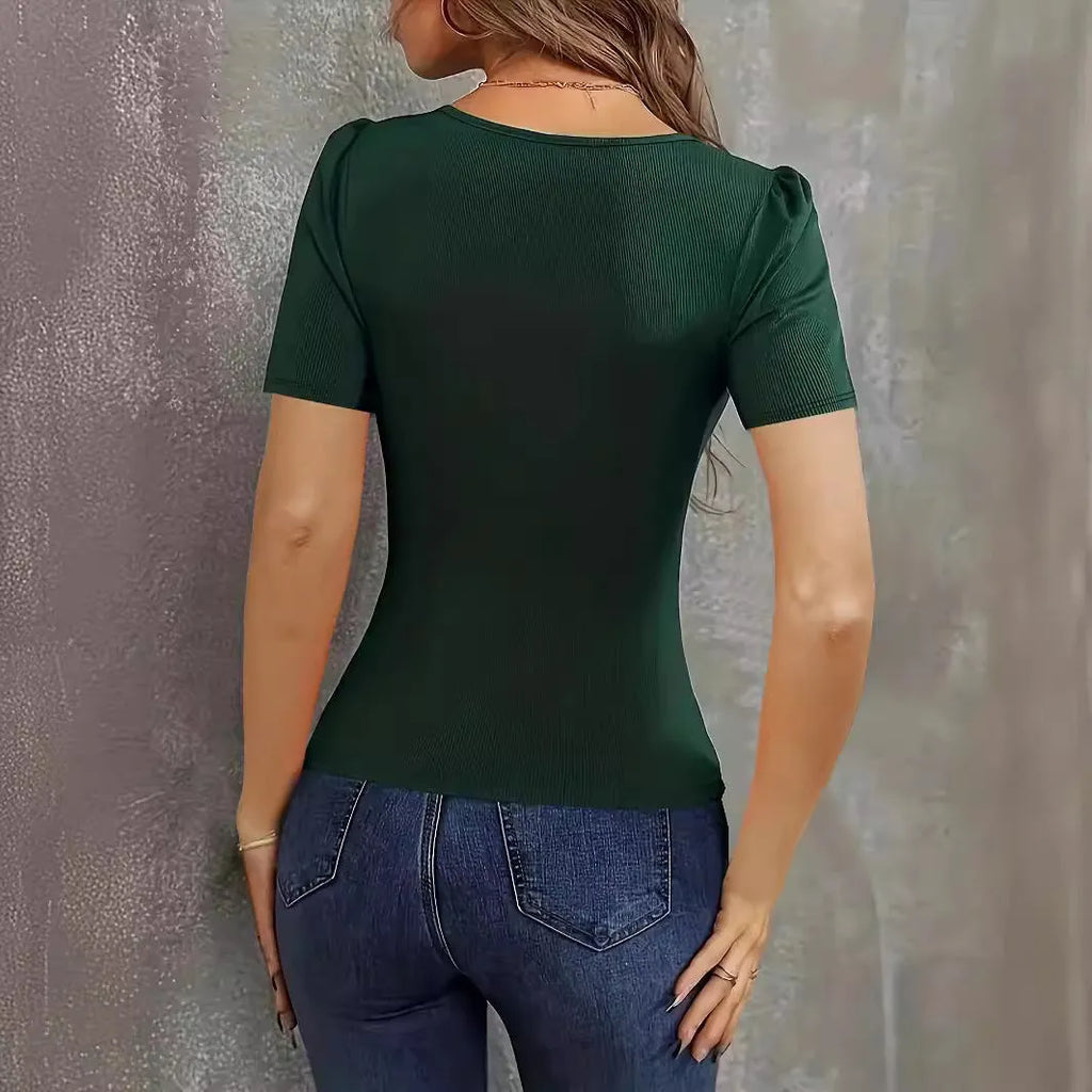 Wine red women's slim fit low neck knitted short sleeve top on a hanger.