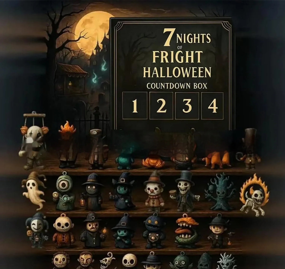 31 Night Horror Advent Calendar Box showing sealed blind boxes containing resin doll surprises