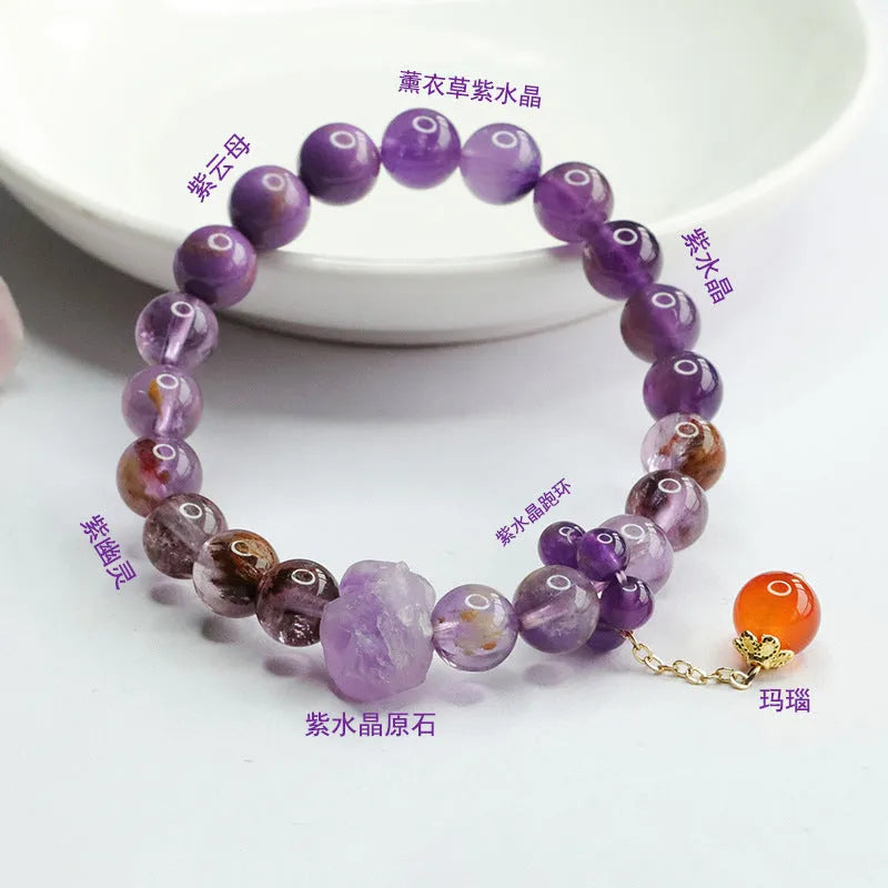 Natural nine purple amethyst and red agate crystal bracelet in Mori style with 7-8mm beads