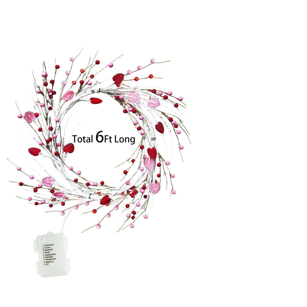 1.8m pink heart shaped rattan string lights with 48 LED lights, battery powered and IP44 rated