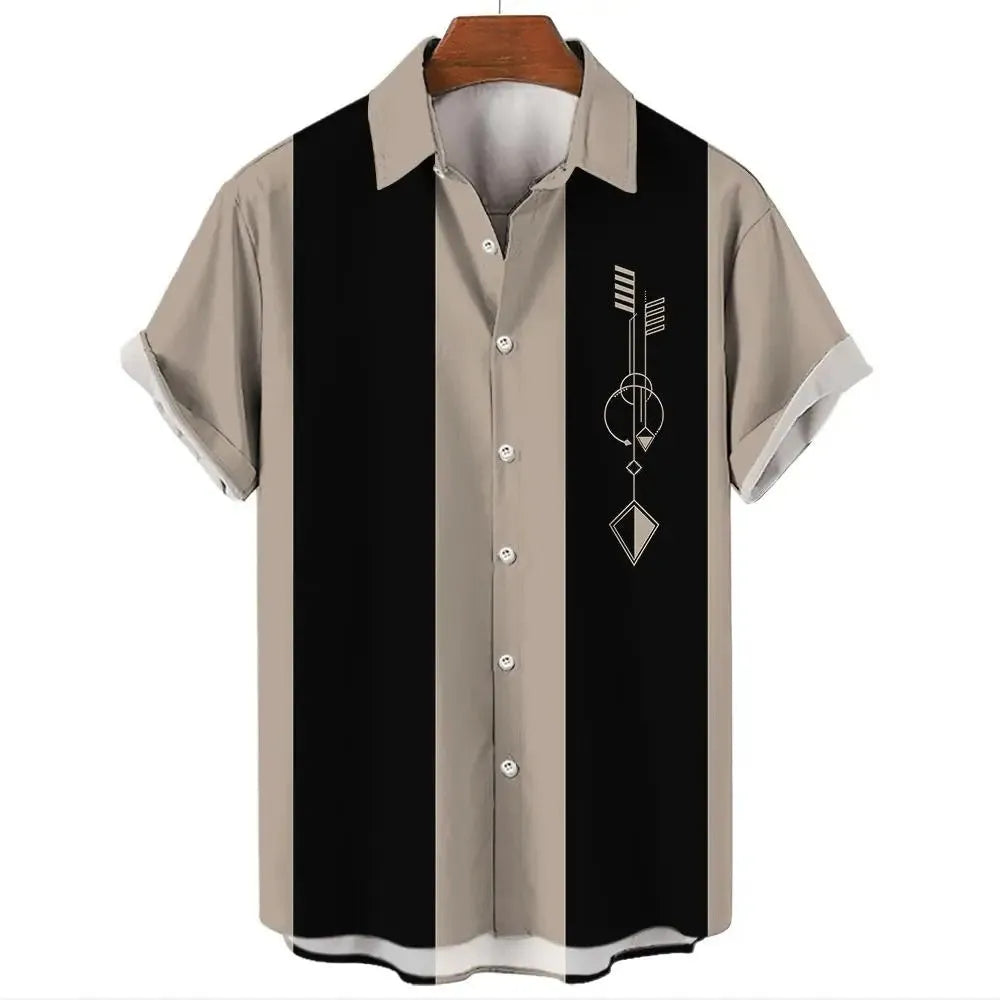 Men's striped Hawaiian casual button-up shirt with short sleeves in a cardigan style.