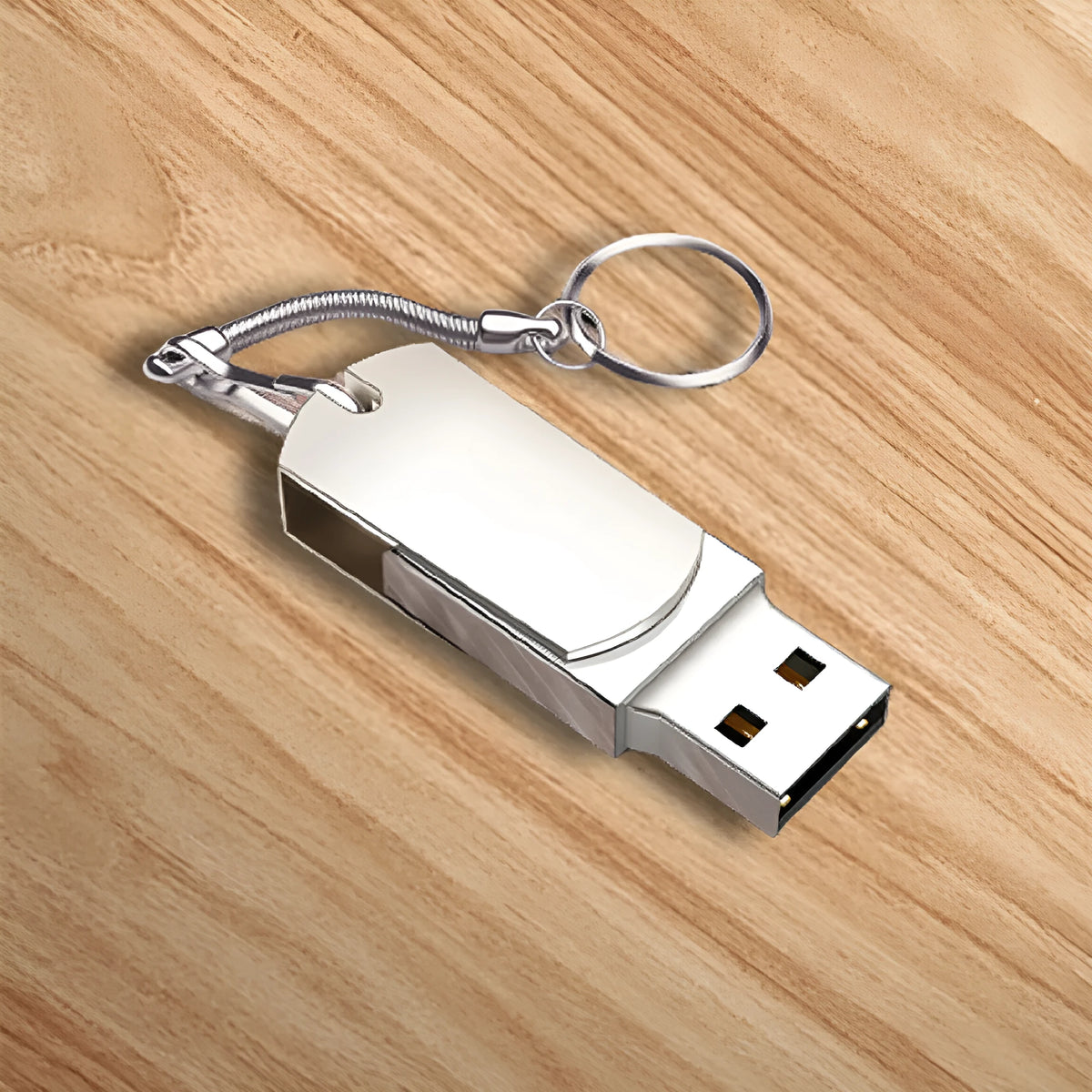 White metal USB flash drive with rotating shell showing compact 34mm size