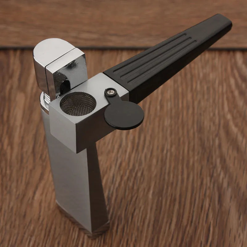 Metal folding pipe lighter with stash compartment in silver finish, showing open and closed positions