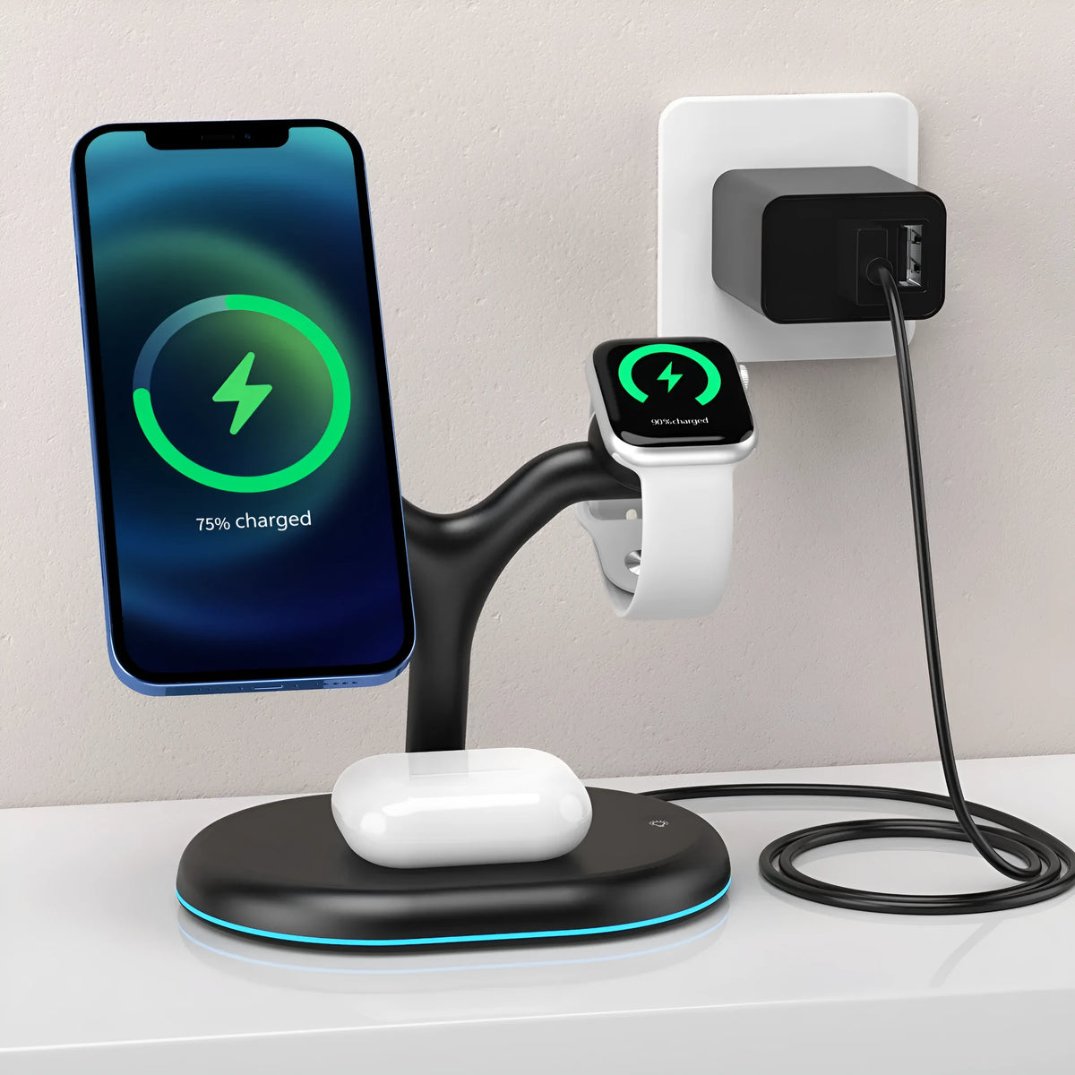 Black minimalist magnetic wireless charger and portable power bank with Qi charging