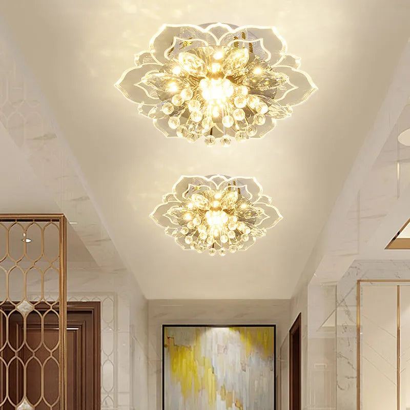 Modern crystal ceiling lamp with flower-shaped shade for living room or bedroom lighting