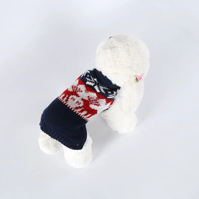 Navy blue knitted Christmas sweater for dogs on small to medium breed