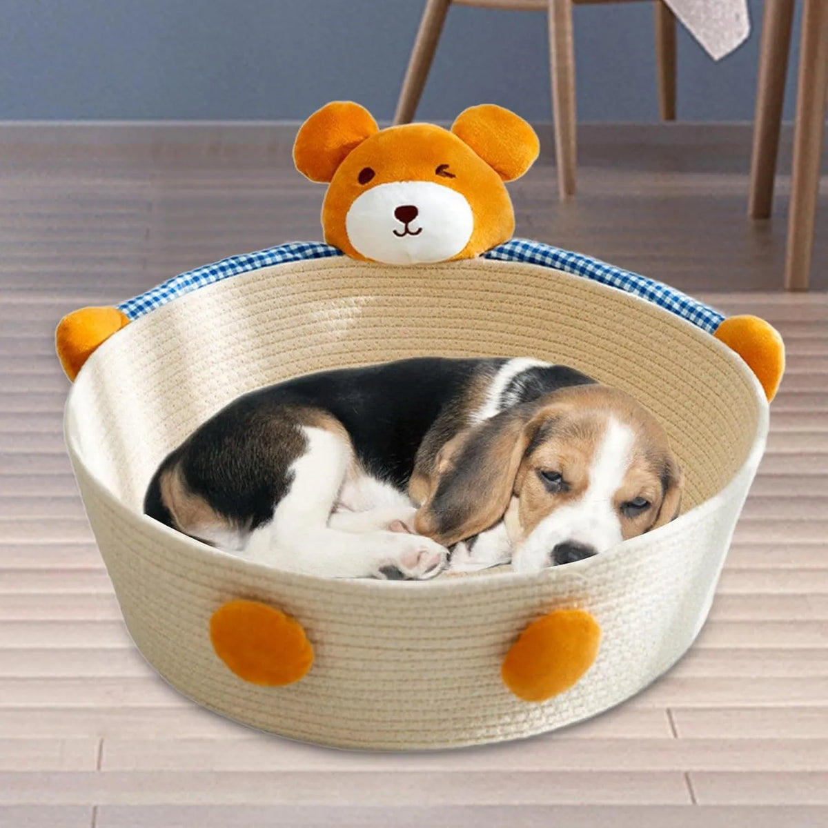 Woven cotton rope cat bed with integrated scratching board in three sizes for indoor cats