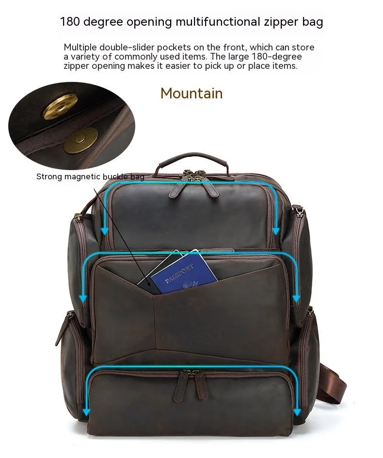 Dark brown retro crazy horse leather backpack for men with a 17-inch laptop compartment.