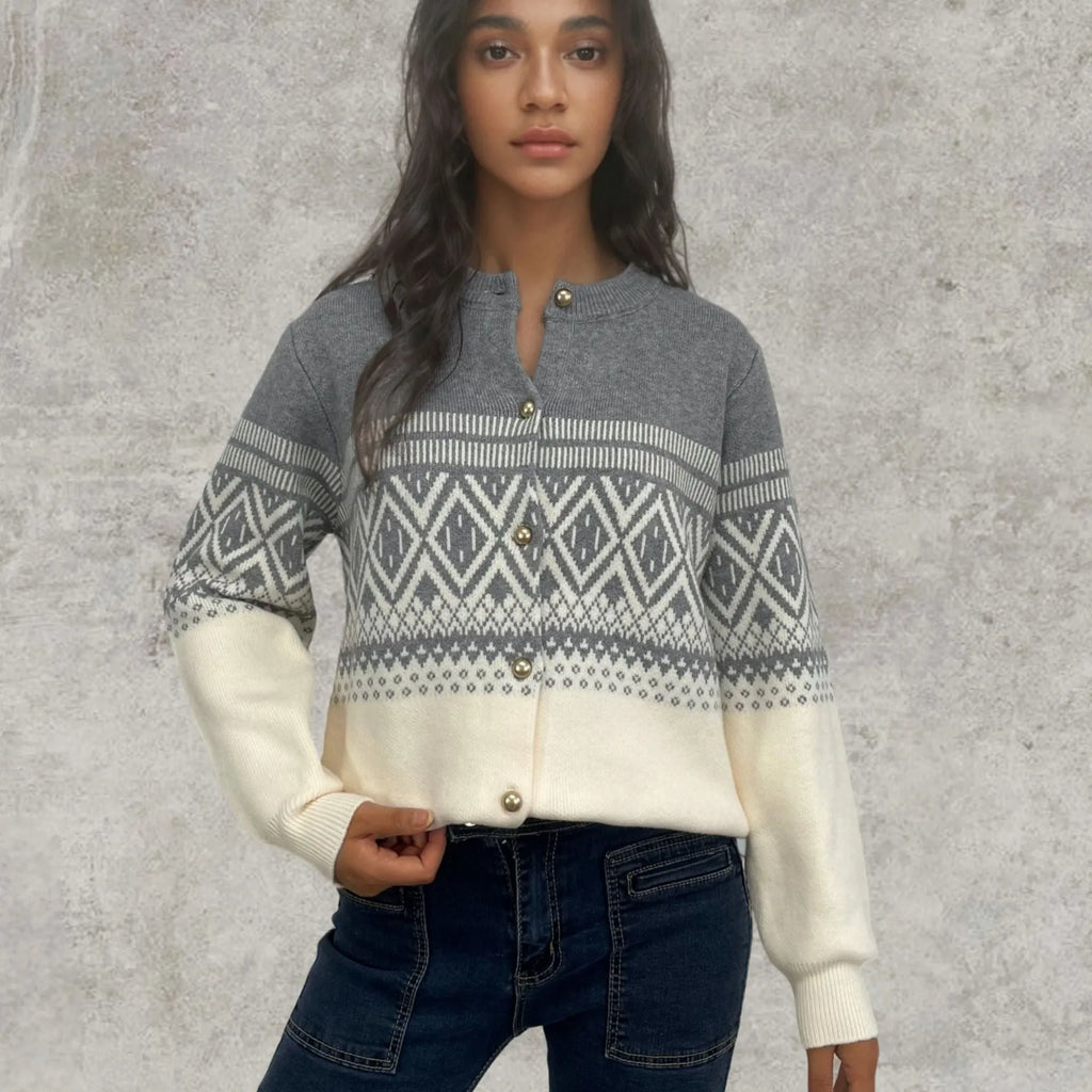Women's alpaca wool cardigan with diamond knit pattern in contrast red, grey, or pink colours