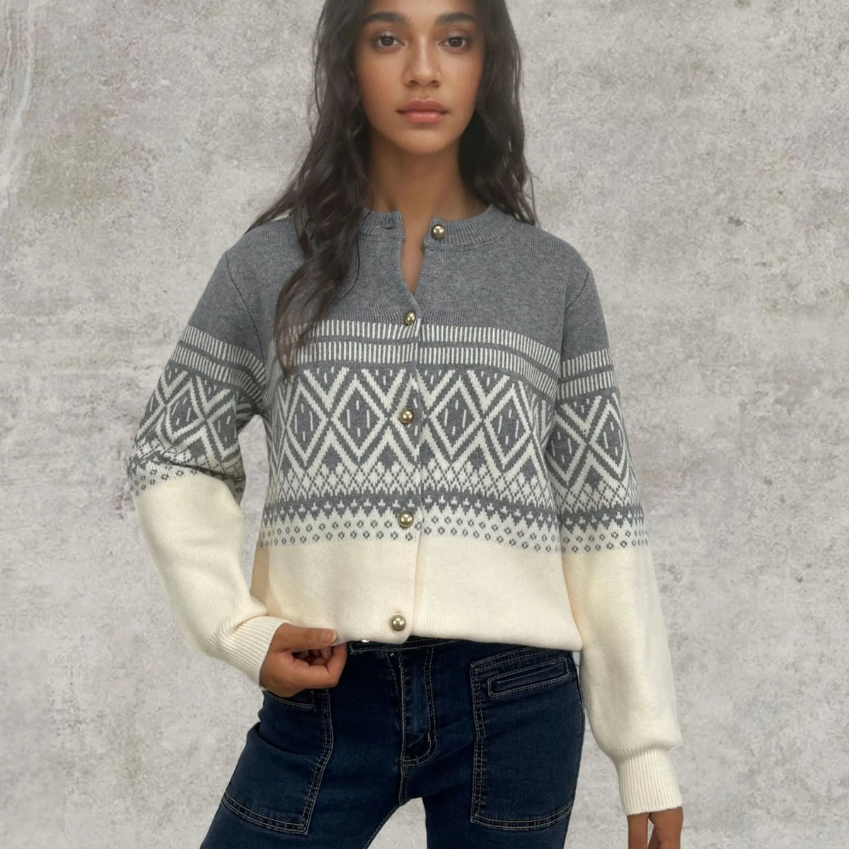 Women's alpaca wool cardigan with diamond knit pattern in contrast red, grey, or pink colours