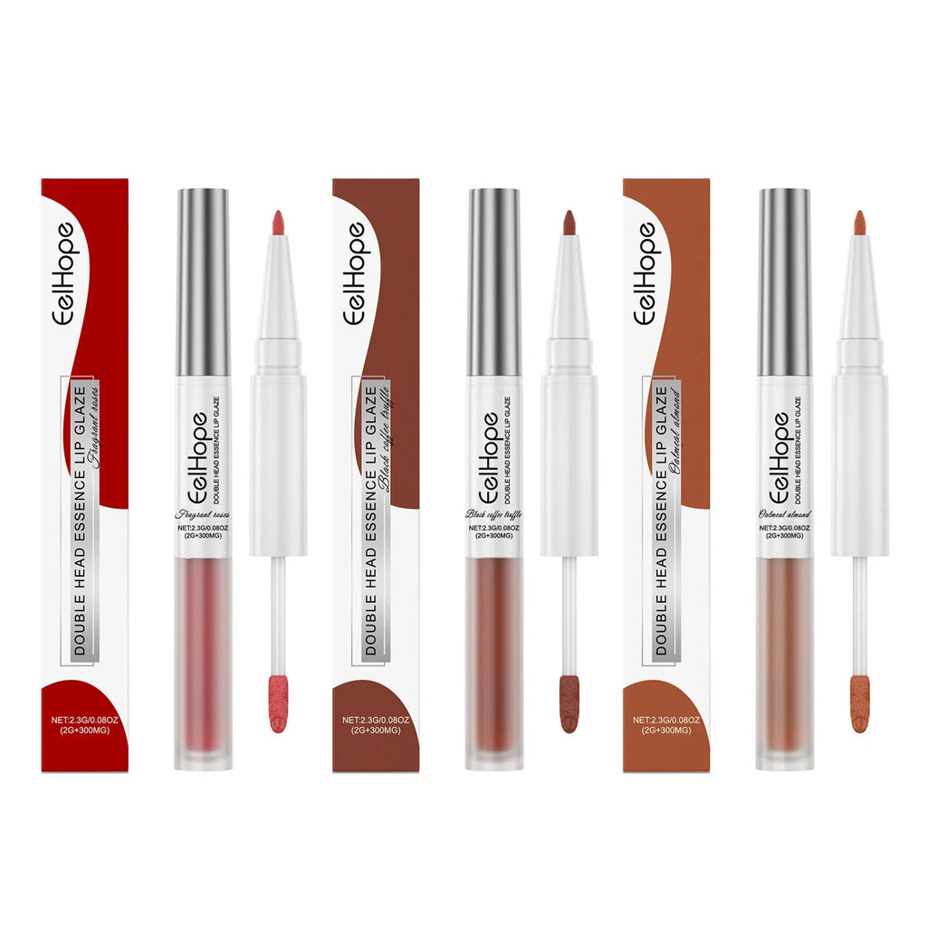 Double-headed lip liner and lip lacquer pen shown in three colour options.