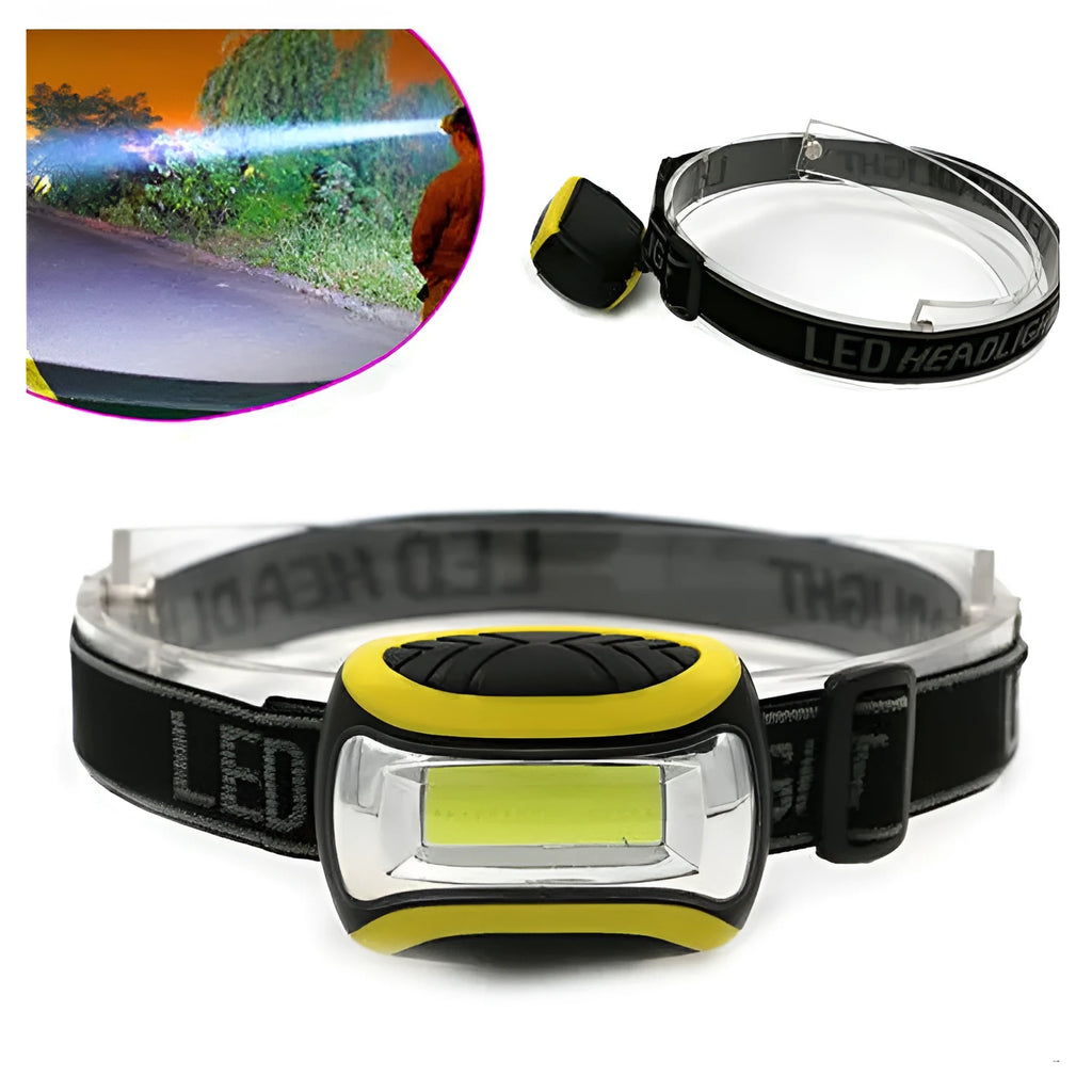 Yellow plastic COB LED headlamp with headband, shown with three lighting mode indicators.